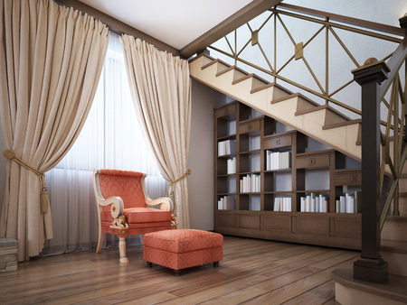 Library under the stairs with a red armchair in the English style. 3D rendering.の写真素材