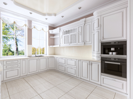 Luxurious white kitchen in classical style with built-in appliances and a large window. 3D renderingの写真素材
