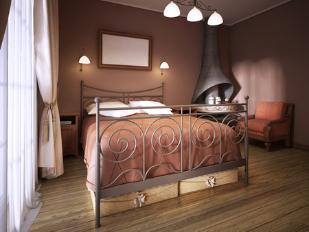 A dark maroon bedroom in rustic style with a fireplace with a wrought-iron bed. 3D rendering.の写真素材