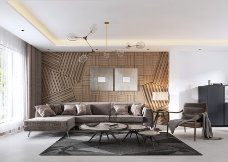 Luxurious living room in Contemporary style with wooden decorative panel on the wall. Studio apartment with a sofa and a dining table. 3D rendering.の写真素材