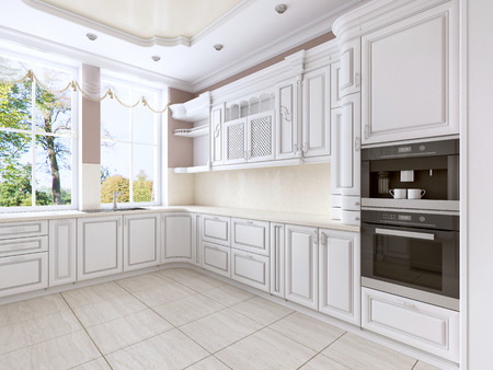 Luxurious white kitchen in classical style with built-in appliances and a large window. 3D renderingの写真素材