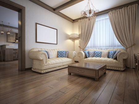 Living room in a rustic style with soft furniture and a large fireplace with classic elements. 3D rendering.の写真素材