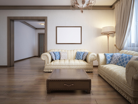 Living room in a rustic style with soft furniture and a large fireplace with classic elements. 3D rendering.の写真素材