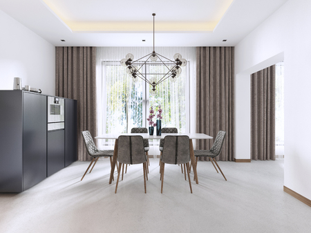 Dining room in Contemporary style with modern chairs and a table by the large window. 3D rendering.の写真素材