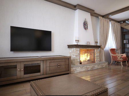 Living room in a rustic style with soft furniture and a large fireplace with classic elements. 3D rendering.の写真素材