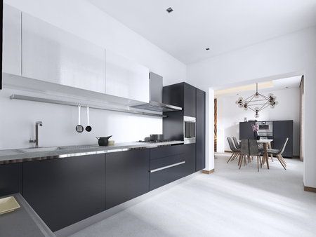 Luxurious Contemporary kitchen with gray matte furniture in white interior. 3D rendering.の写真素材