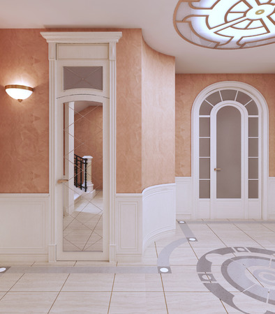 Hall corridor in classic style in pink pastel colors. 3D rendering.の写真素材
