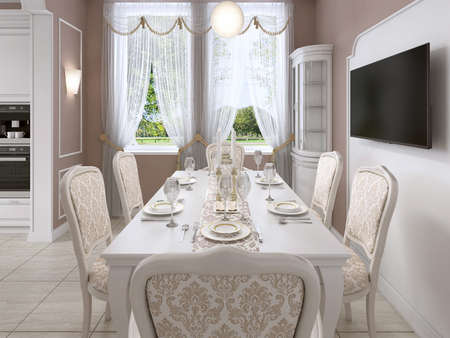 Dining room with white table and chairs for six people with two sideboards and a TV. 3D rendering.の写真素材