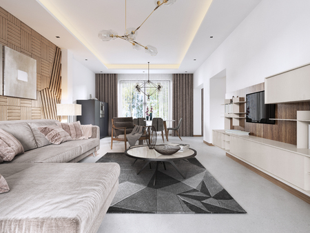 Luxurious living room in Contemporary style with wooden decorative panel on the wall. Studio apartment with a sofa and a dining table. 3D rendering.の写真素材