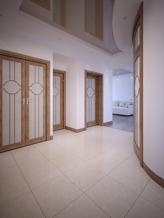 Hallway Corridor with doors and white walls in a classic style. 3D rendering.の写真素材