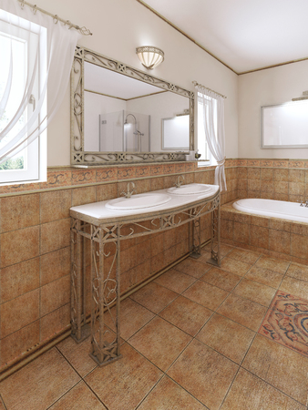 Forged bathroom vanities with a mirror and a washbasin in the bathroom classic style. 3D rendering.の写真素材