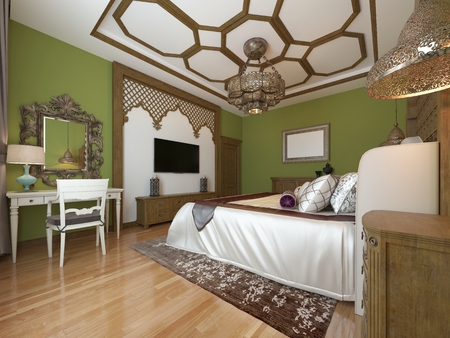 East bedroom, wooden headboard and green walls. TV unit, dressing table, armchair with coffee table. 3D rendering.の写真素材