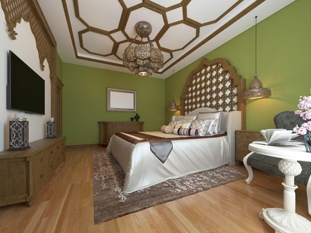 East bedroom, wooden headboard and green walls. TV unit, dressing table, armchair with coffee table. 3D rendering.の写真素材