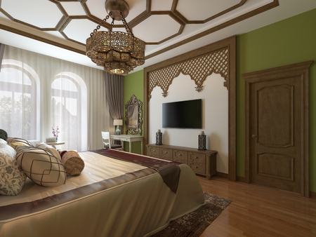 East bedroom, wooden headboard and green walls. TV unit, dressing table, armchair with coffee table. 3D rendering.の写真素材