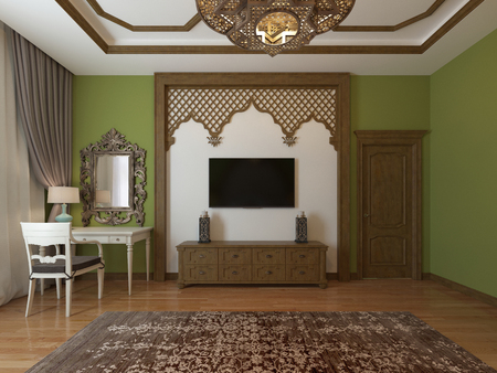 TV unit, in a wooden frame around, Arabic style. Eastern bedroom style. 3D Renderingの写真素材