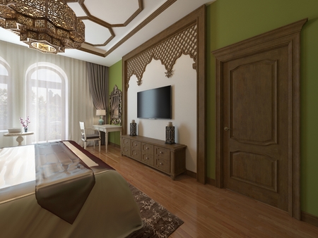 TV unit, in a wooden frame around, Arabic style. Eastern bedroom style. 3D Renderingの写真素材