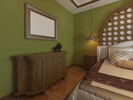 Wooden chest of drawers in the eastern bedroom style. 3D renderingの写真素材