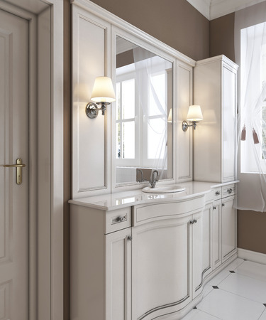 Beautiful white vanity, contemporary classic styled clean white bathroom. 3D renderingの写真素材