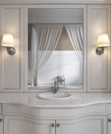 Beautiful white vanity, contemporary classic styled clean white bathroom. 3D renderingの写真素材
