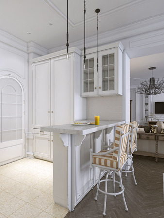 bar stools in classic white kitchen. 3d renderingの写真素材