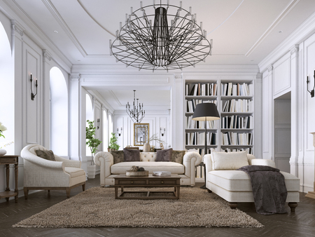 Luxury classic interior of living room and dining room with white furniture and metal chandeliers. 3d illustrationの写真素材