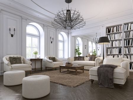 Luxury classic interior of living room and dining room with white furniture and metal chandeliers. 3d illustrationの写真素材