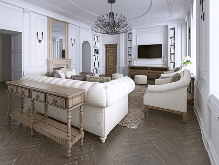 Luxury classic interior of living room and dining room with white furniture and metal chandeliers. 3d illustrationの写真素材