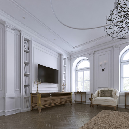TV on wall with cabinet in classic living room, many bookshelves on back white wall background, 3d renderingの写真素材