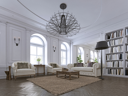 Luxury classic interior of living room and dining room with white furniture and metal chandeliers. 3d illustrationの写真素材