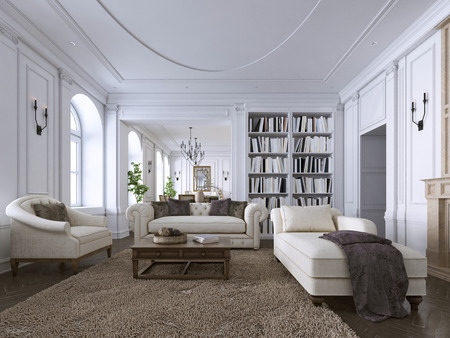 Classic interior. Sofa, chairs, sidetables with lamps,table with decor. White walls with mouldings. Floor parquet herringbone,rug with pattern. 3d renderingの写真素材