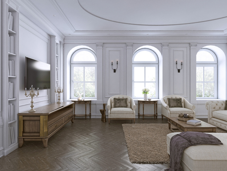 Classic interior. Sofa, chairs, sidetables with lamps,table with decor. White walls with mouldings. Floor parquet herringbone,rug with pattern. 3d renderingの写真素材