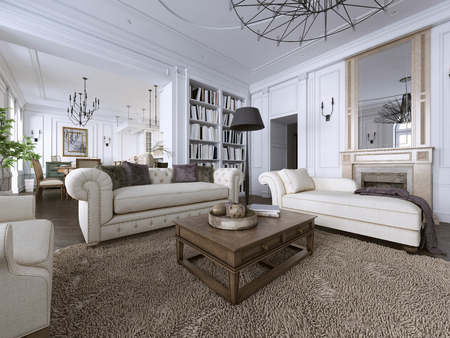Classic interior. Sofa, chairs, sidetables with lamps,table with decor. White walls with mouldings. Floor parquet herringbone,rug with pattern. 3d renderingの写真素材