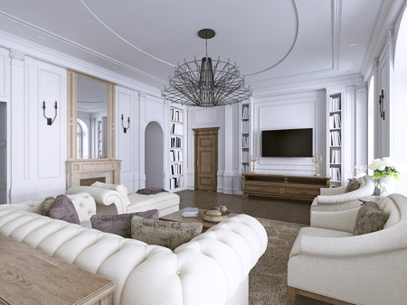 Classic interior. Sofa, chairs, sidetables with lamps,table with decor. White walls with mouldings. Floor parquet herringbone,rug with pattern. 3d renderingの写真素材