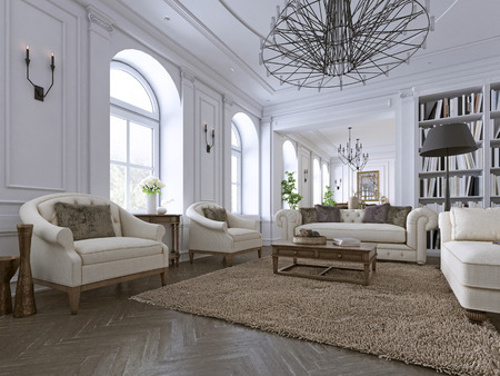 Classic interior. Sofa, chairs, sidetables with lamps,table with decor. White walls with mouldings. Floor parquet herringbone,rug with pattern. 3d renderingの写真素材