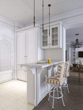 bar stools in classic white kitchen. 3d renderingの写真素材