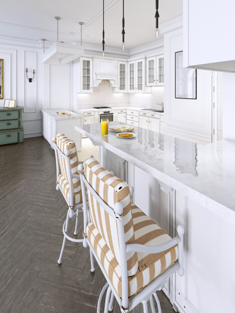 bar stools in classic white kitchen. 3d renderingの写真素材