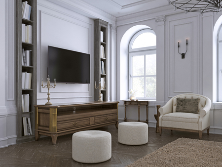 TV on wall with cabinet in classic living room, many bookshelves on back white wall background, 3d renderingの写真素材