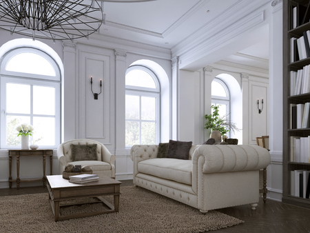 Classic living room, paneling and ceiling moldings over a herringbone hardwood floor furnished with white upholstered sofas and ottoman. 3d renderingの写真素材