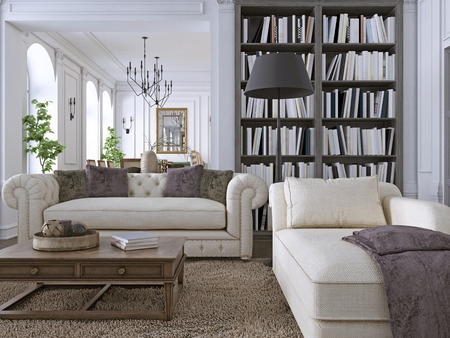Luxury Sofa in classic living room with library. 3d renderingの写真素材