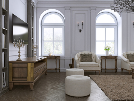 Classic living room, paneling and ceiling moldings over a herringbone hardwood floor furnished with white upholstered sofas and ottoman. 3d renderingの写真素材