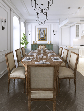 Luxury classic interior of dining room, kitchen and living room with white and brown furniture and metal chandeliers. 3d renderingの写真素材