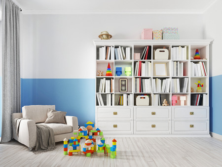 Colorful children's room interior with bookcase, bed, pillow, shelves and white armchair with a blanket. 3d renderingの写真素材