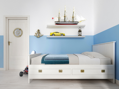 Children's bedroom with a white bed in the room and a shelf with a vintage ship and various toys. 3D renderingの写真素材