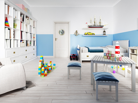 An empty children's playroom with a children's table and colorful toys. 3d renderingの写真素材