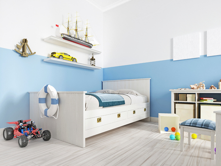 Children's bedroom with a white bed in the room and a shelf with a vintage ship and various toys. 3D renderingの写真素材