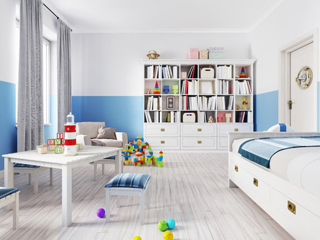An empty children's playroom with a children's table and colorful toys. 3d renderingの写真素材
