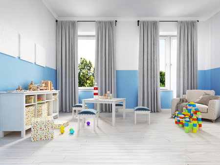 An empty children's playroom with a children's table and colorful toys. 3d renderingの写真素材