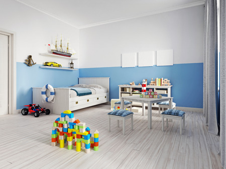 Cozy modern children's room decor with white furniture, floor and colorful additions and toys. 3d renderingの写真素材