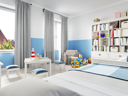 Cozy modern children's room decor with white furniture, floor and colorful additions and toys. 3d renderingの写真素材