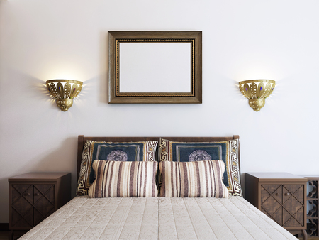 The large bed in the bedroom is middle eastern arabic style with patterned pillows and bedspread. The picture above the headboard. 3D renderingの写真素材